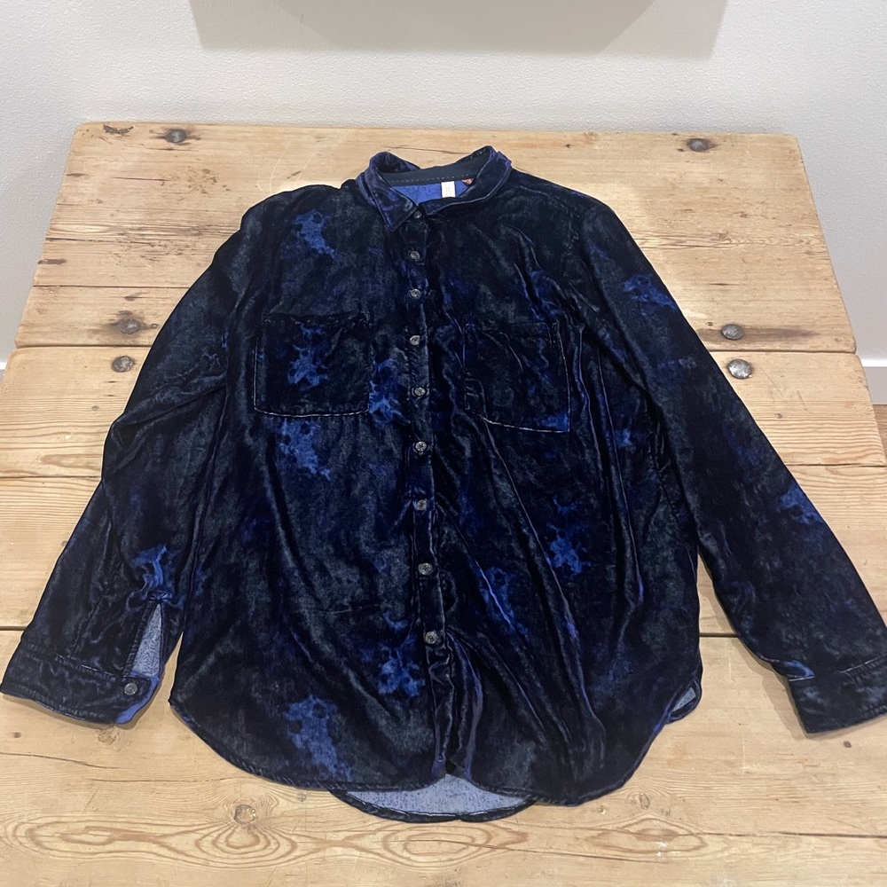 Anthropologie Deep Navy Velvet Button-Down Blouse